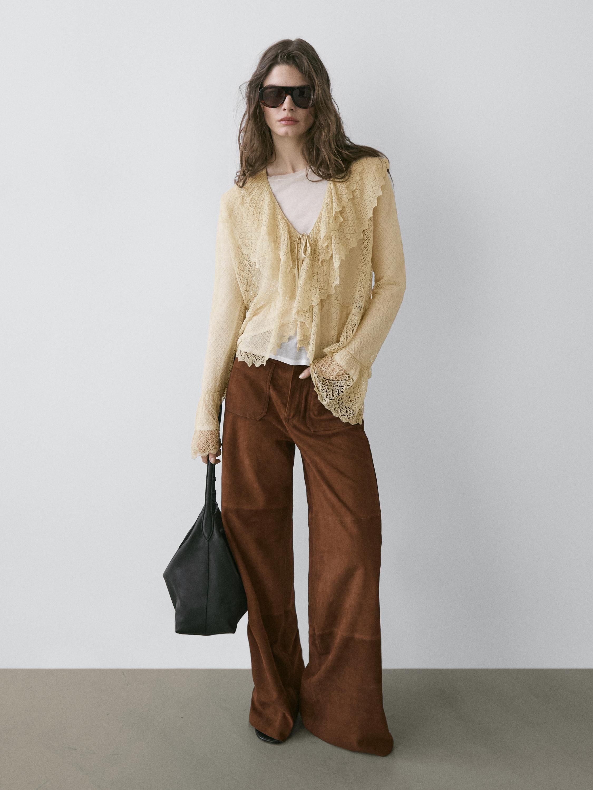 Suede leather wide-leg trousers with pockets